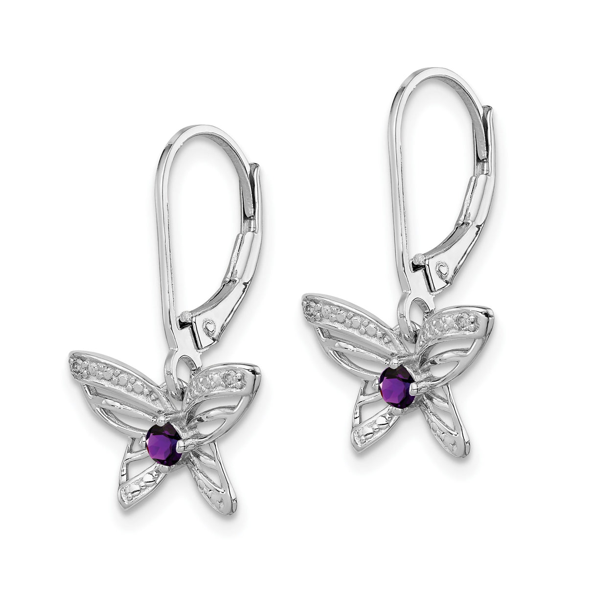 Sterling Silver Butterfly Dangle Earrings with Amethyst and Diamond Accents, Leverback Design