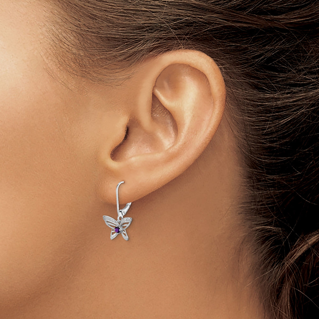 Sterling Silver Butterfly Dangle Earrings with Amethyst and Diamond Accents, Leverback Design