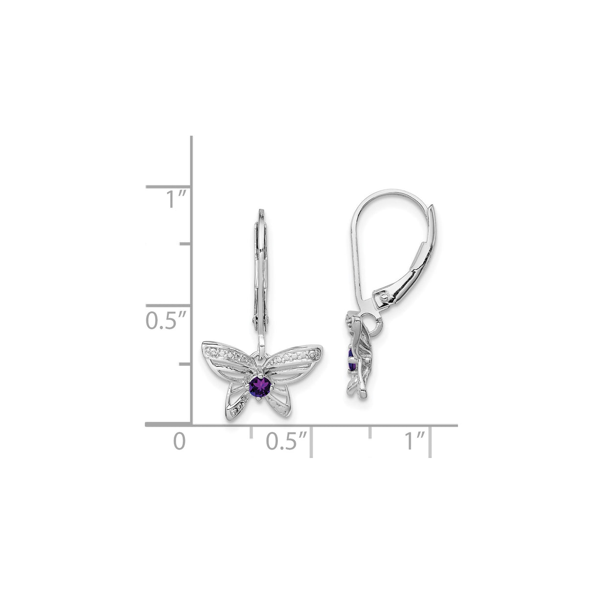 Sterling Silver Butterfly Dangle Earrings with Amethyst and Diamond Accents, Leverback Design