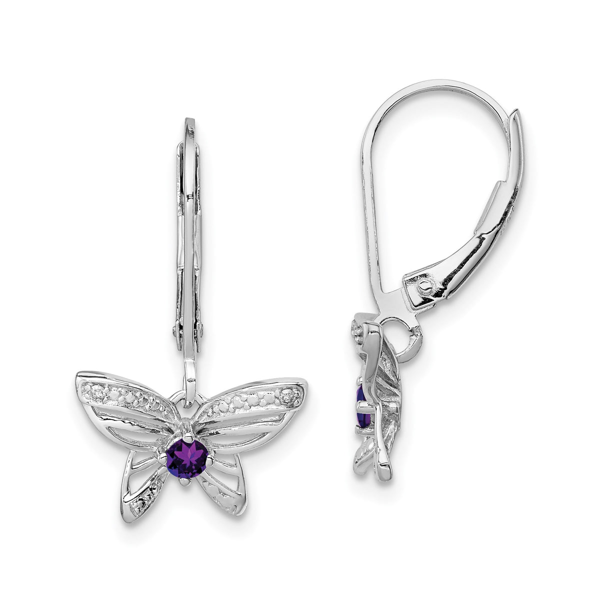 Sterling Silver Butterfly Dangle Earrings with Amethyst and Diamond Accents, Leverback Design