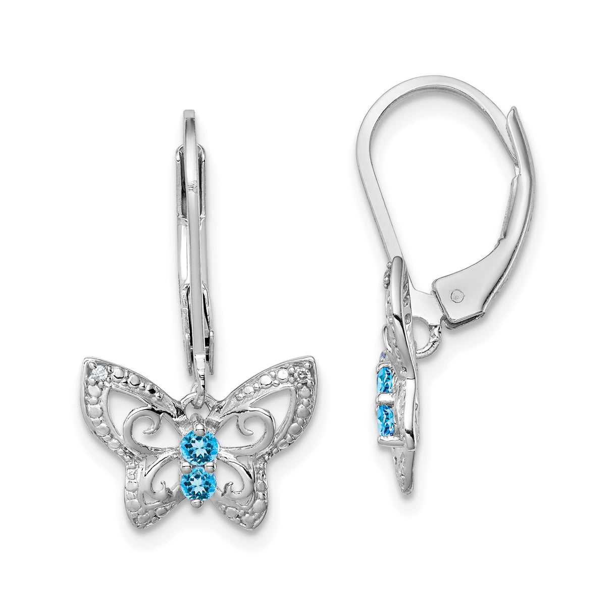Sterling Silver Butterfly Dangle Earrings with Swiss Blue Topaz and Diamond Accents