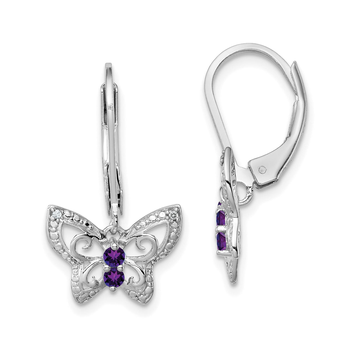Sterling Silver Butterfly Dangle Earrings with Amethyst and Diamond, Filigree Nature-Inspired Design