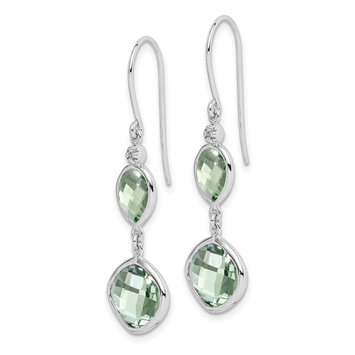 Sterling Silver Dangle Earrings with Prasiolite and Diamond, Teardrop and Cushion Cut Design