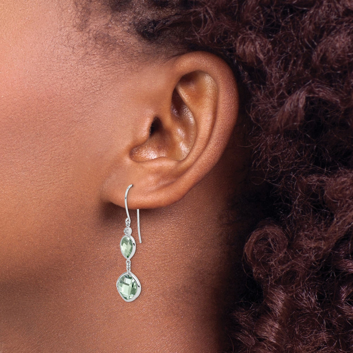 Sterling Silver Dangle Earrings with Prasiolite and Diamond, Teardrop and Cushion Cut Design