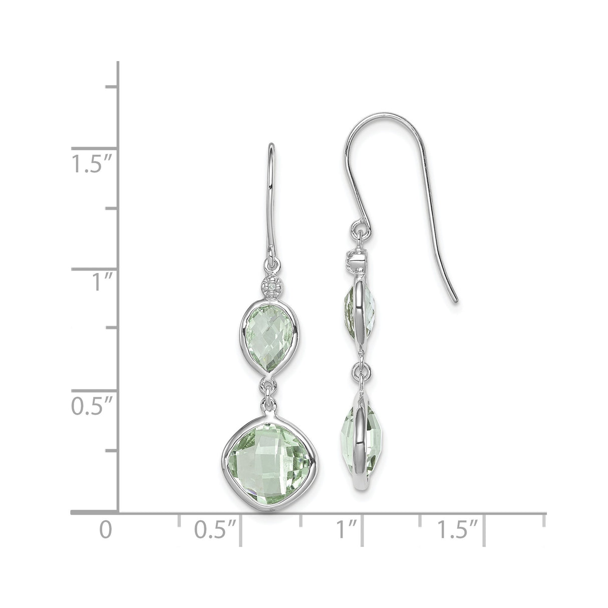 Sterling Silver Dangle Earrings with Prasiolite and Diamond, Teardrop and Cushion Cut Design