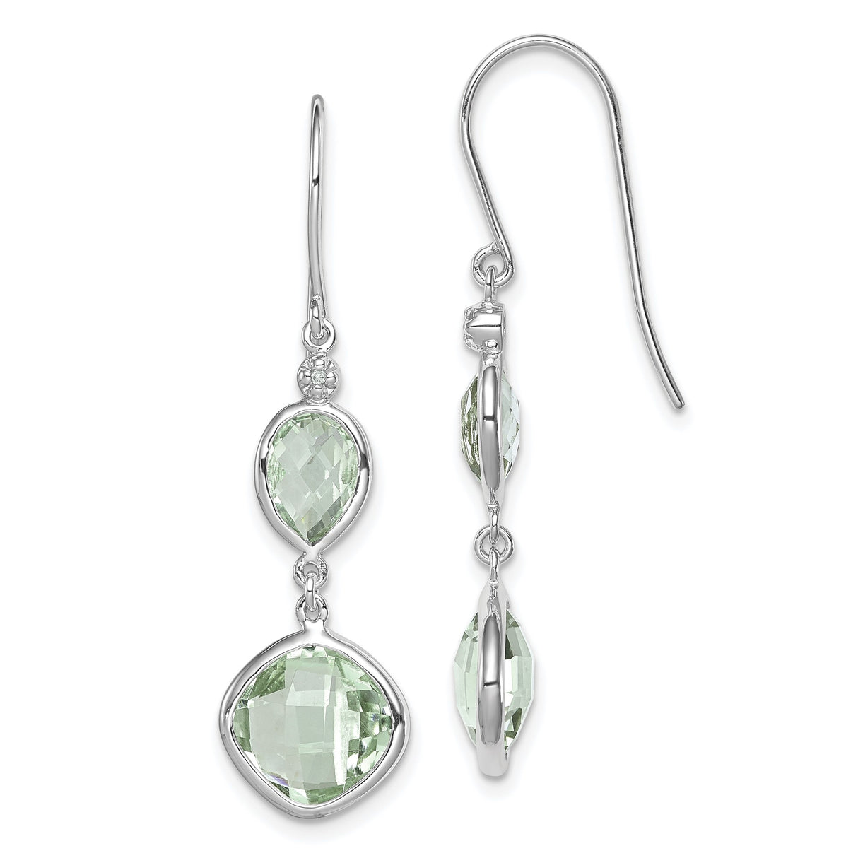 Sterling Silver Dangle Earrings with Prasiolite and Diamond, Teardrop and Cushion Cut Design