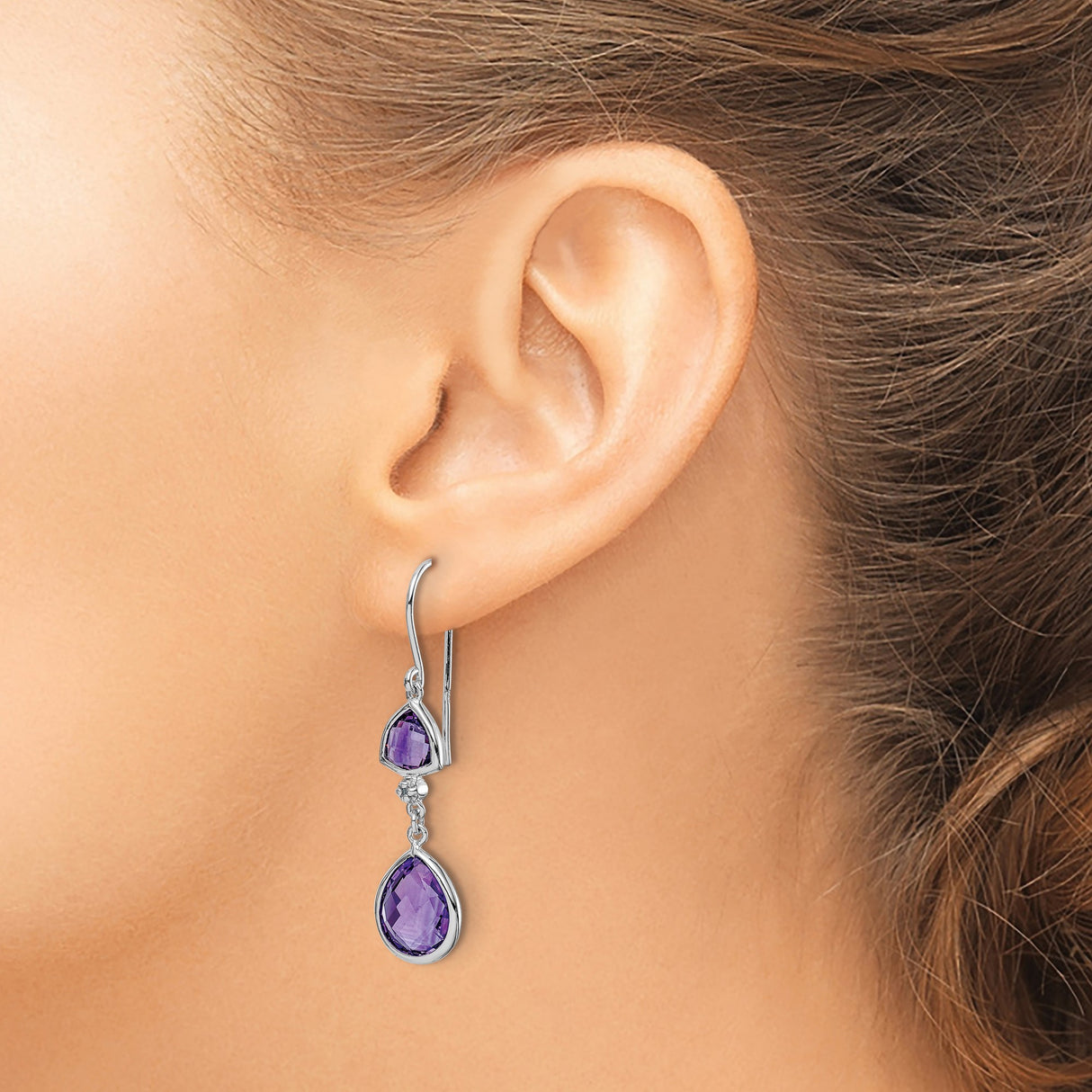 Sterling Silver Dangle Earrings with Amethyst Teardrop and Triangle Bezel Settings