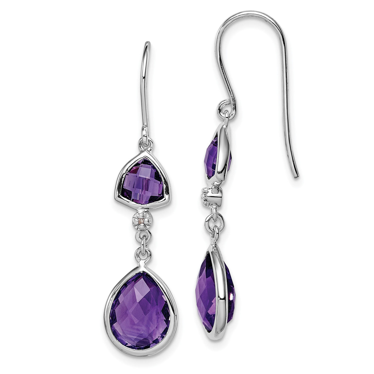 Sterling Silver Dangle Earrings with Amethyst Teardrop and Triangle Bezel Settings