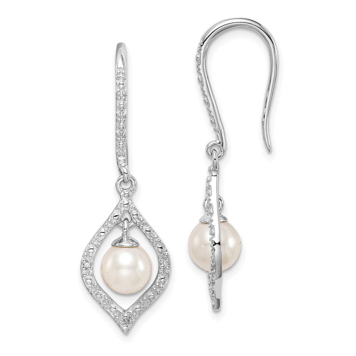 Sterling Silver Teardrop Dangle Earrings with White Pearl and Diamond Accents for Women