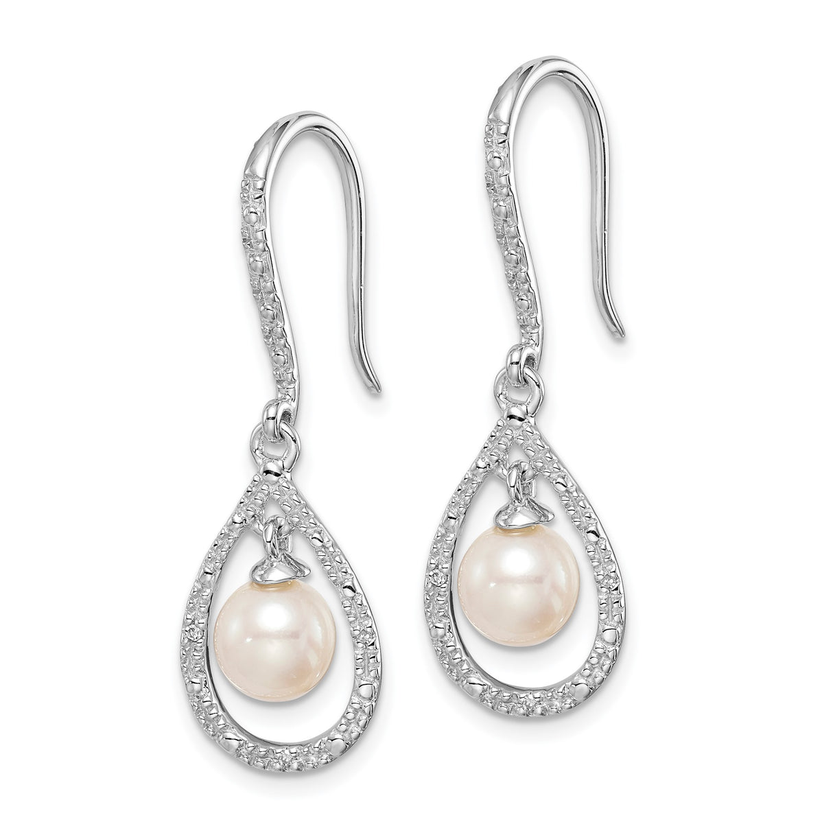 Sterling Silver Dangle Earrings with White Cultured Pearls and Diamonds Teardrop Design