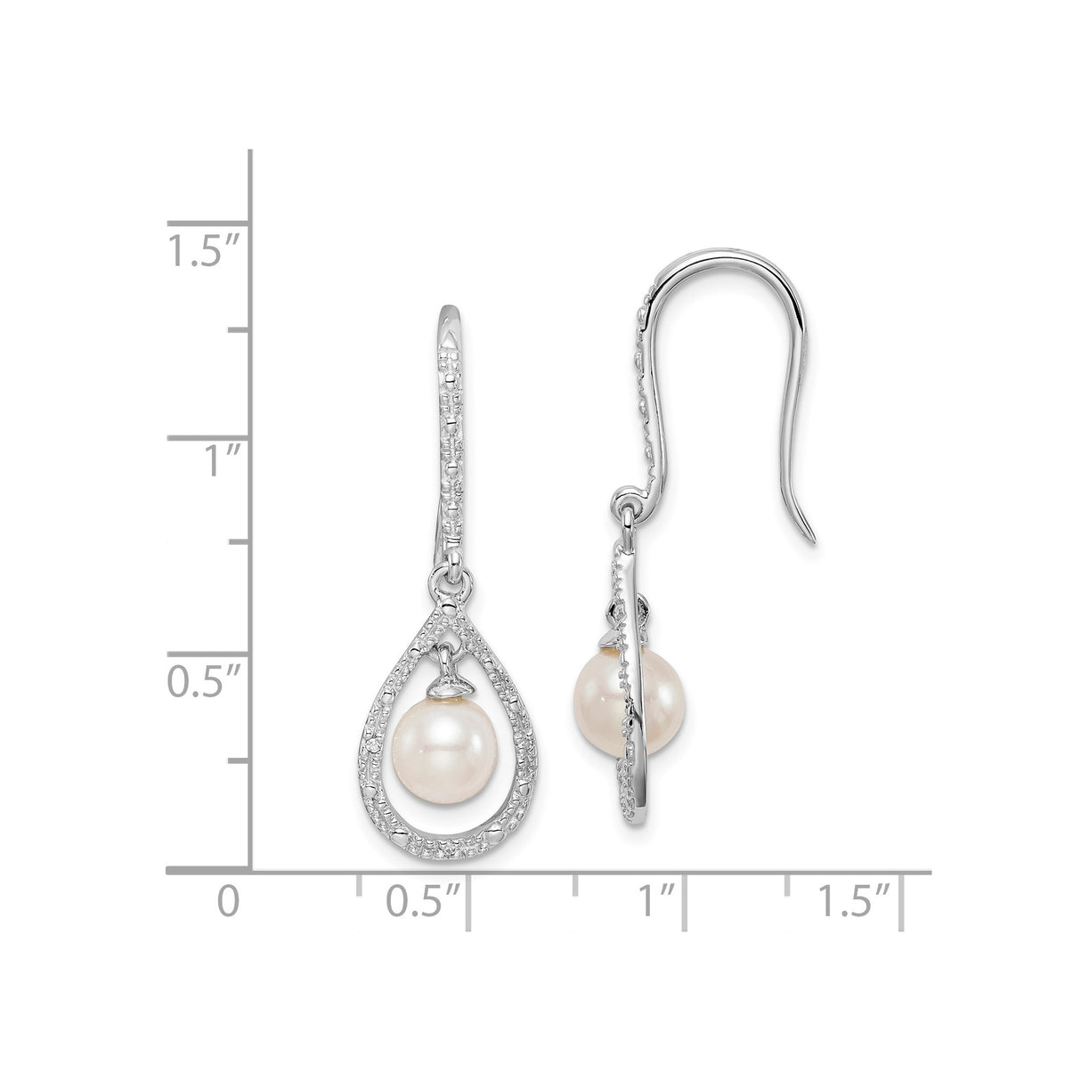 Sterling Silver Dangle Earrings with White Cultured Pearls and Diamonds Teardrop Design