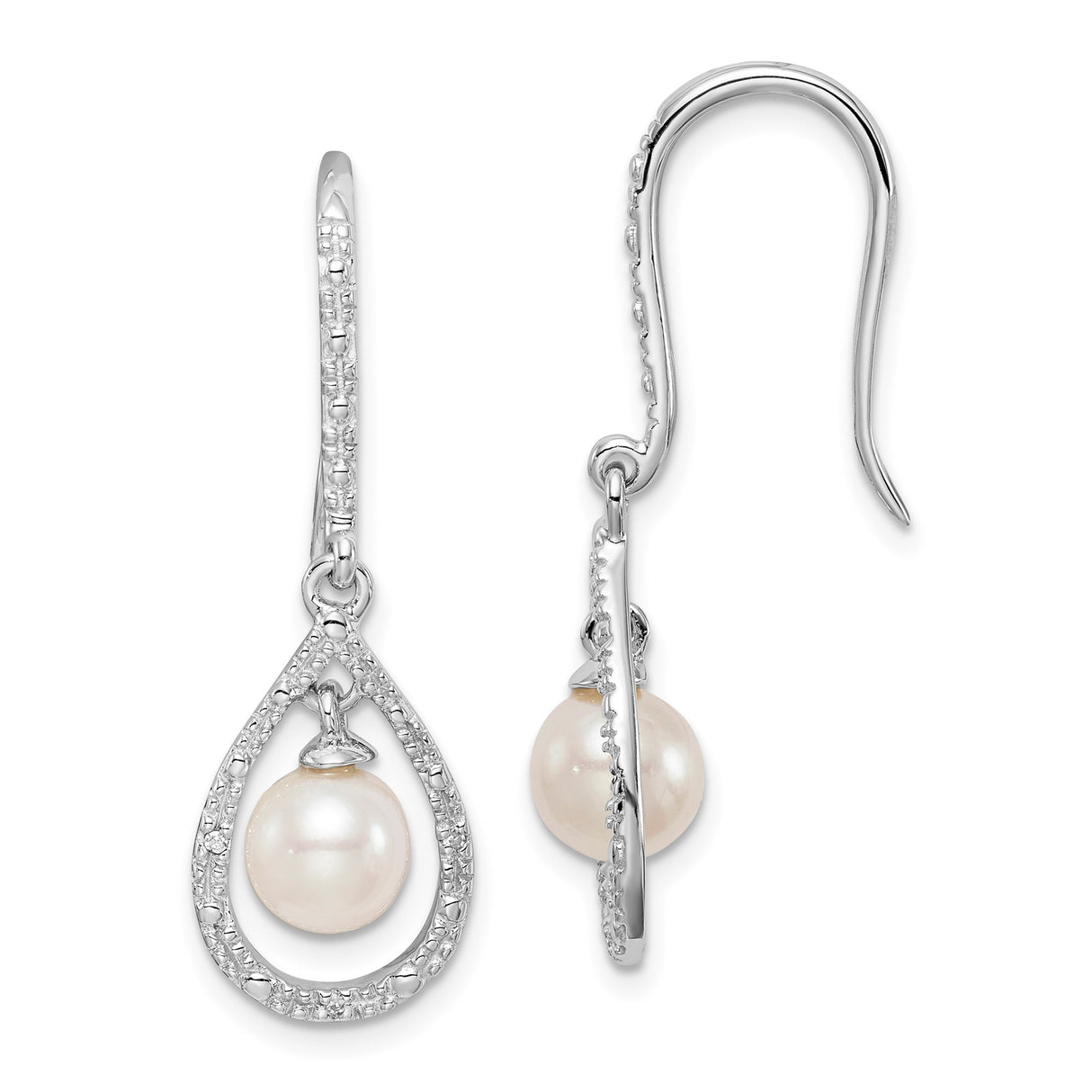 Sterling Silver Dangle Earrings with White Cultured Pearls and Cubic Zirconia Teardrop Design