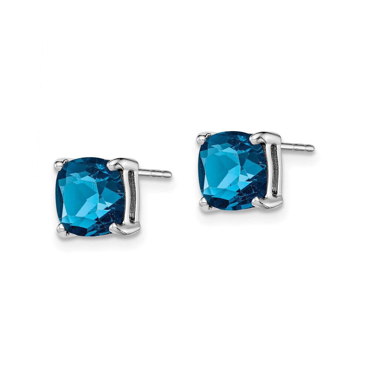 Sterling Silver Stud Earrings with Cushion Cut London Blue Topaz, Four Prong Setting