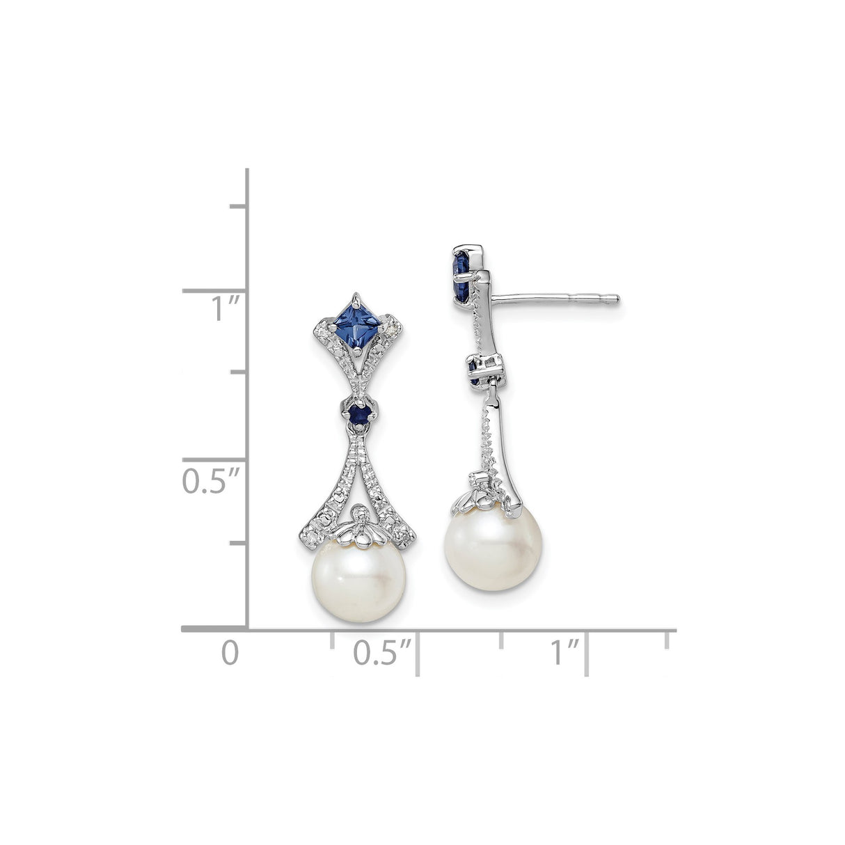 Sterling Silver Drop Earrings with Cultured Pearls, Blue Sapphires, and Diamonds, Vintage Style