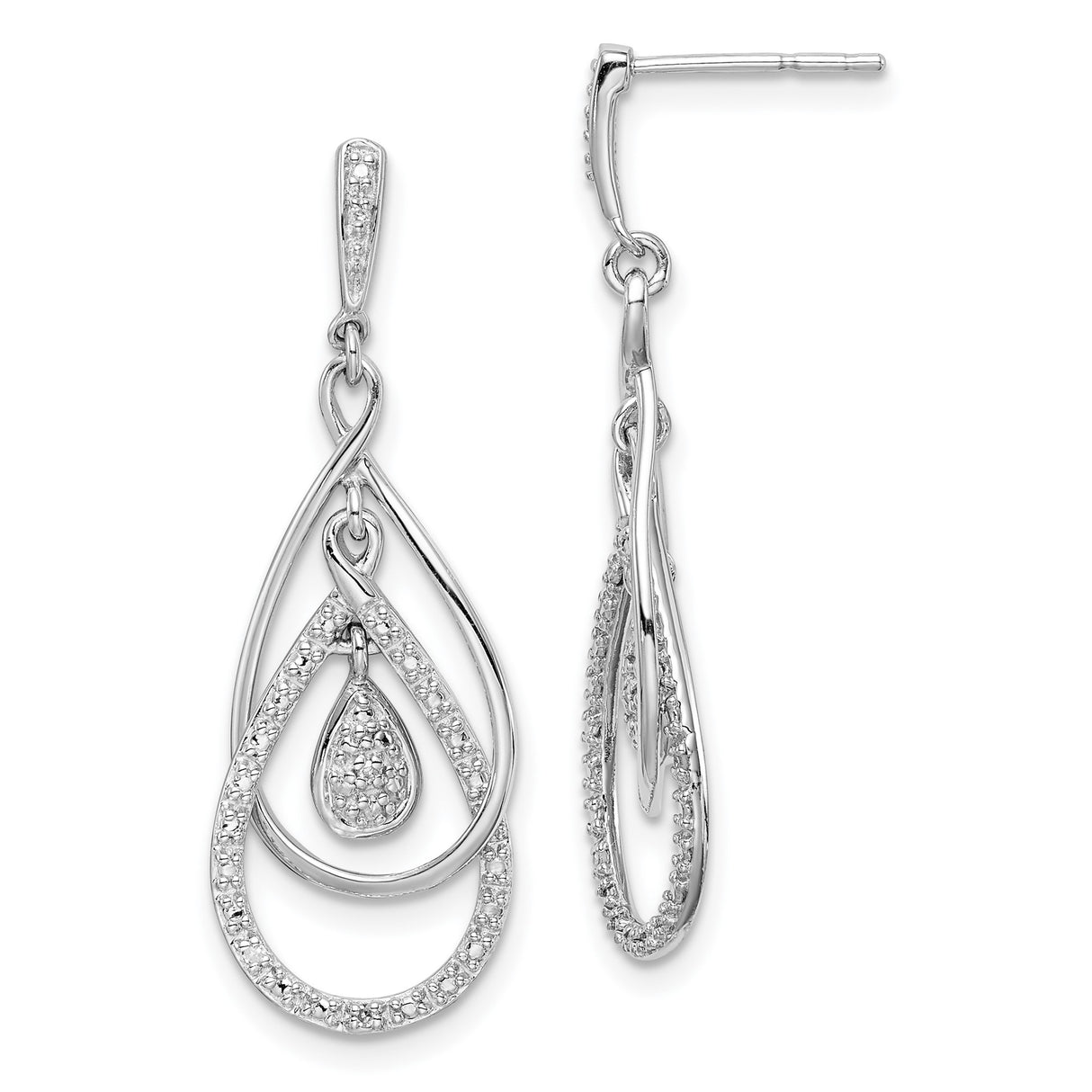 Sterling Silver Dangle Earrings with Diamond Accents, Layered Teardrop Design