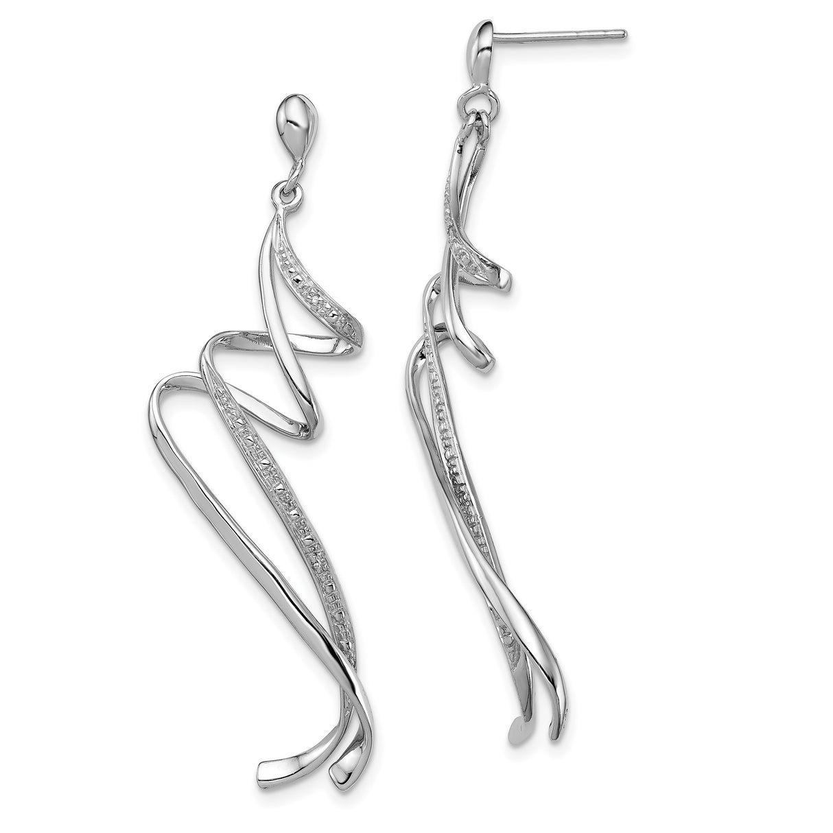 Sterling Silver Dangle Earrings with Diamond, Twisted Ribbon Design, Abstract Style