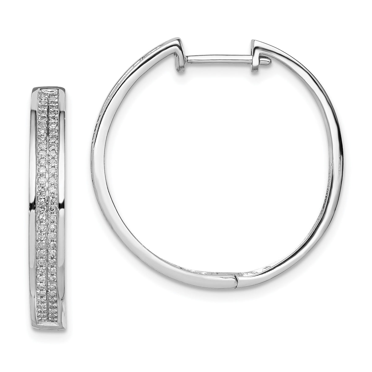Sterling Silver Hoop Earrings with Diamond Accents, Polished Finish, Lightweight Hinged Design