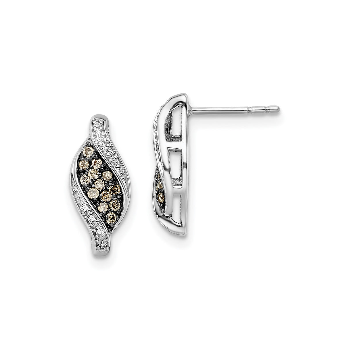 Sterling Silver Stud Earrings with Brown and White Cubic Zirconia, Twisted Wave Design