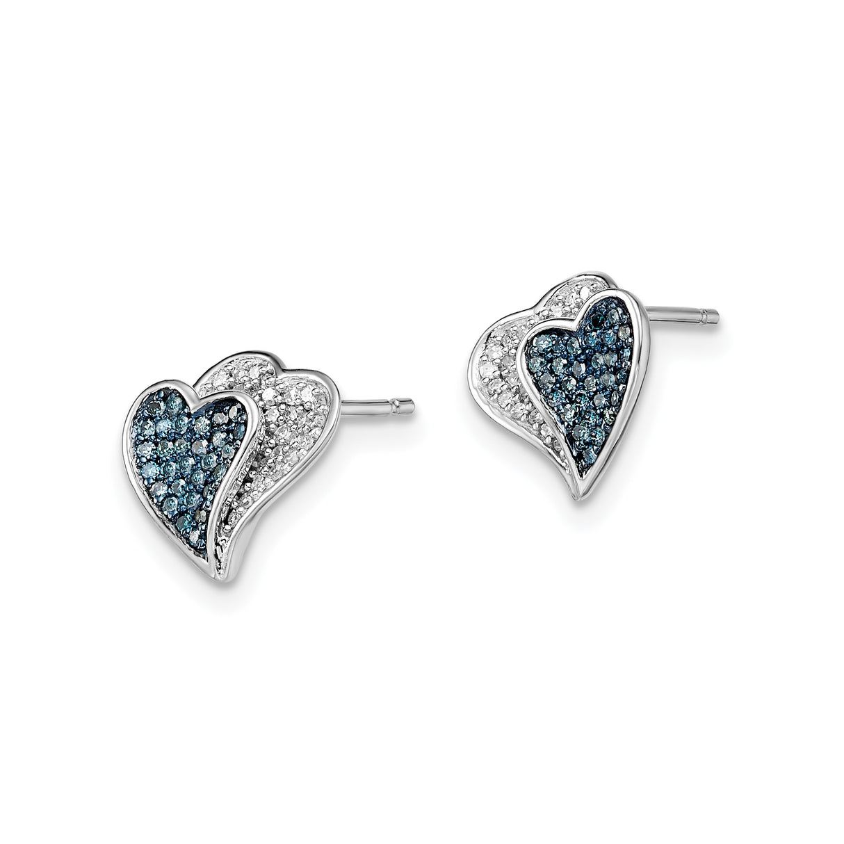 Sterling Silver Heart Stud Earrings with Blue and White Diamonds Overlapping Hearts