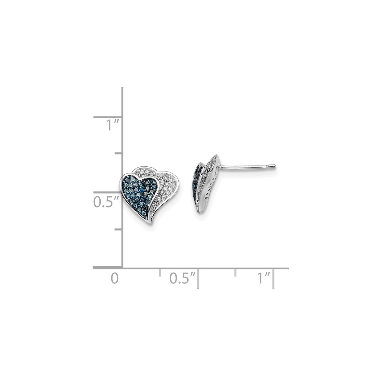 Sterling Silver Heart Stud Earrings with Blue and White Diamonds Overlapping Hearts