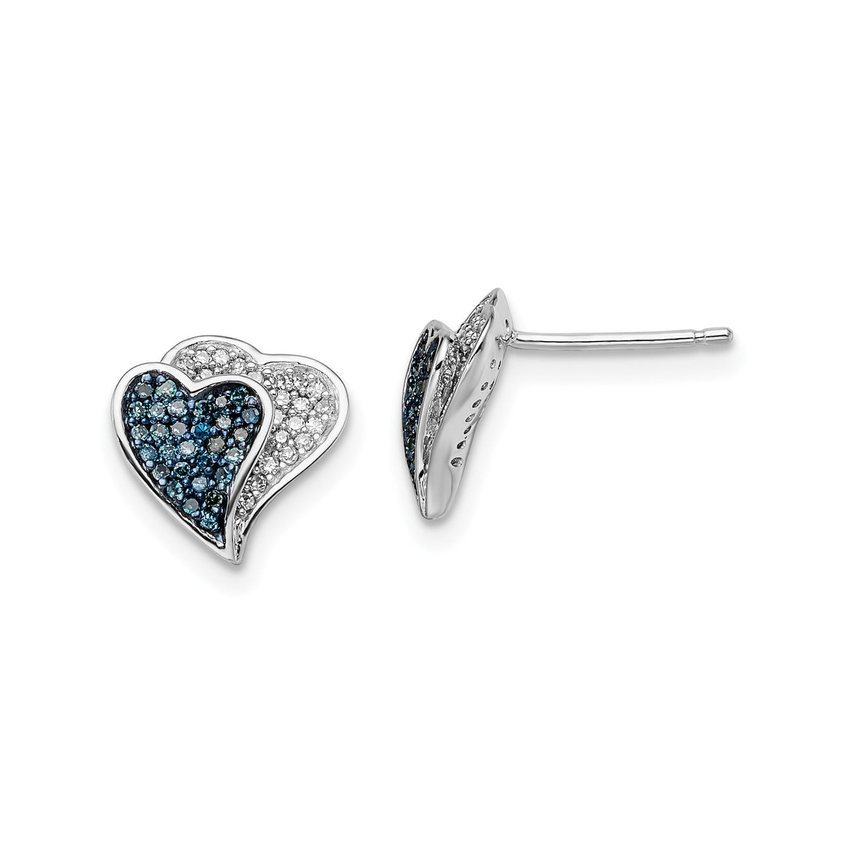 Sterling Silver Heart Stud Earrings with Blue and White Cubic Zirconia Overlapping Hearts