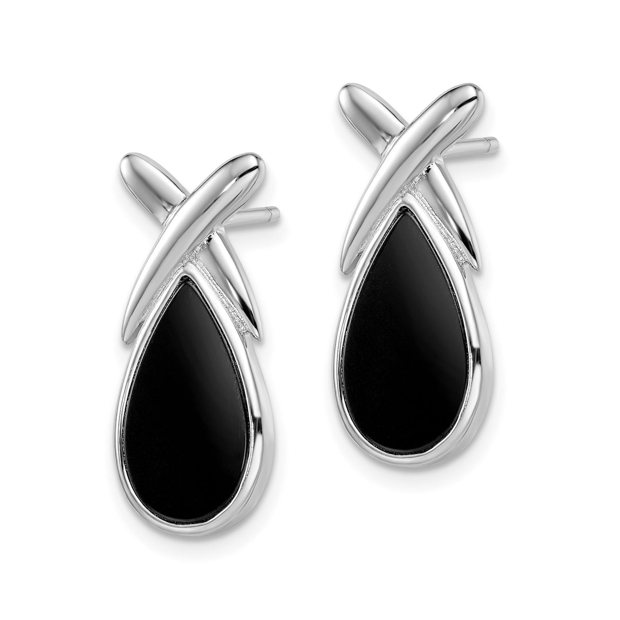 Sterling Silver Stud Earrings with Black Onyx, Teardrop Ribbon Ichthys Design