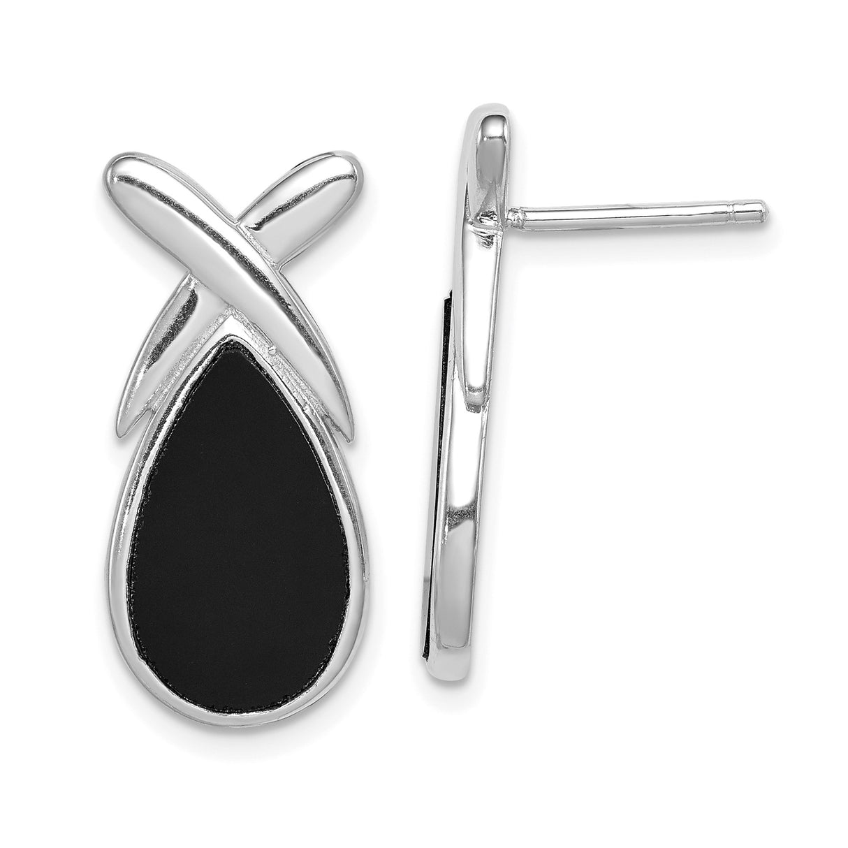 Sterling Silver Stud Earrings with Black Onyx, Teardrop Ribbon Ichthys Design
