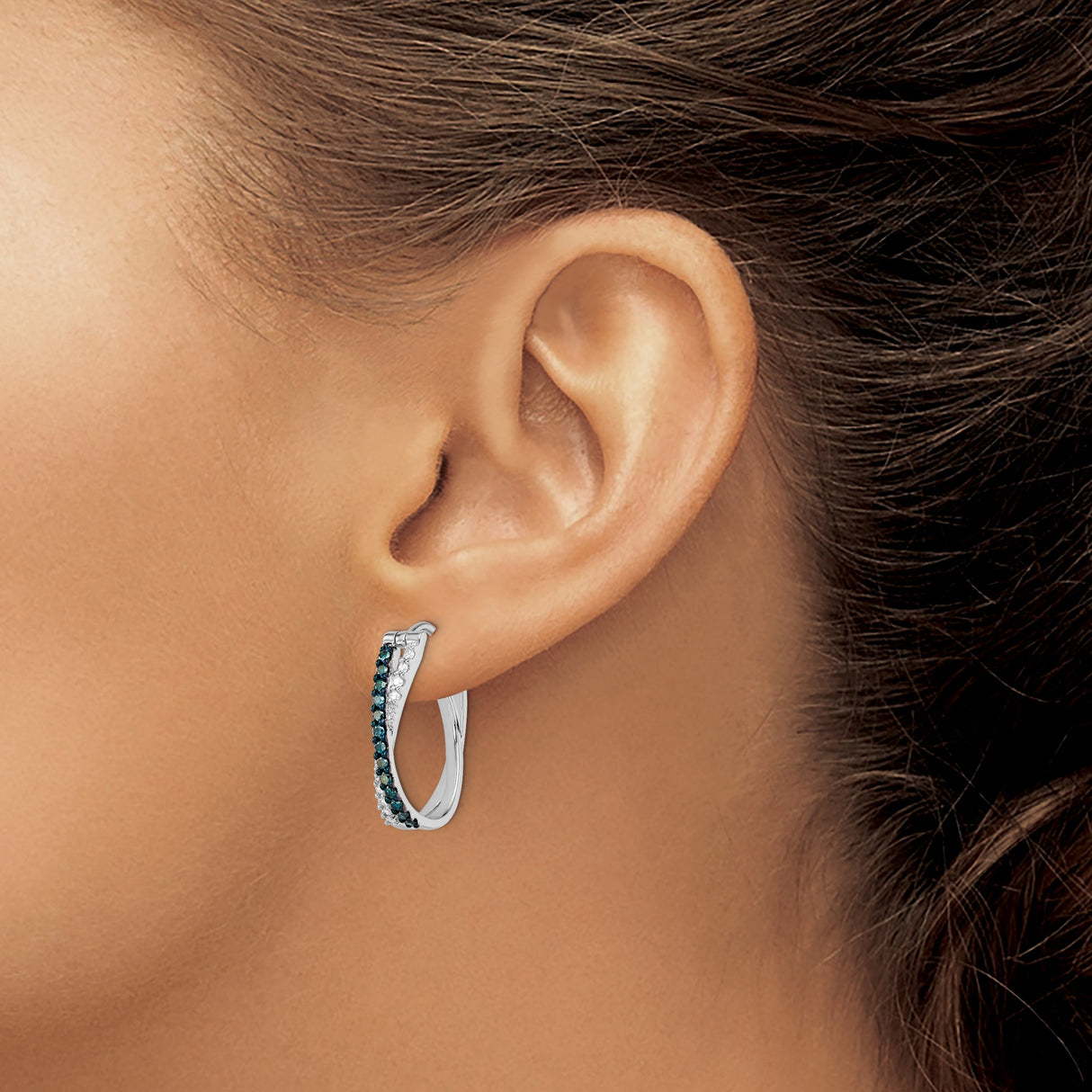 Sterling Silver Hoop Earrings with Blue and White Diamonds, Twisted Crossover Design