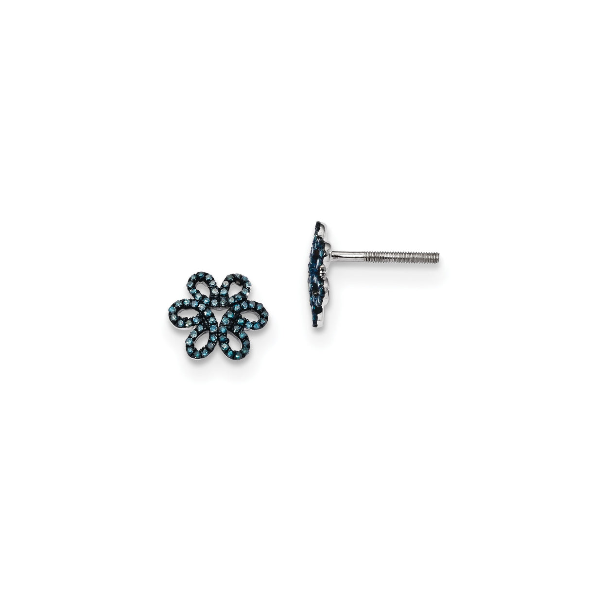 Sterling Silver Flower Stud Earrings with Blue Diamond, Open Petal Floral Design