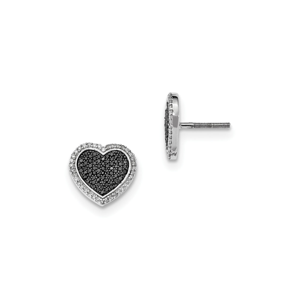 Sterling Silver Heart Shaped Stud Earrings with Black and White Diamonds