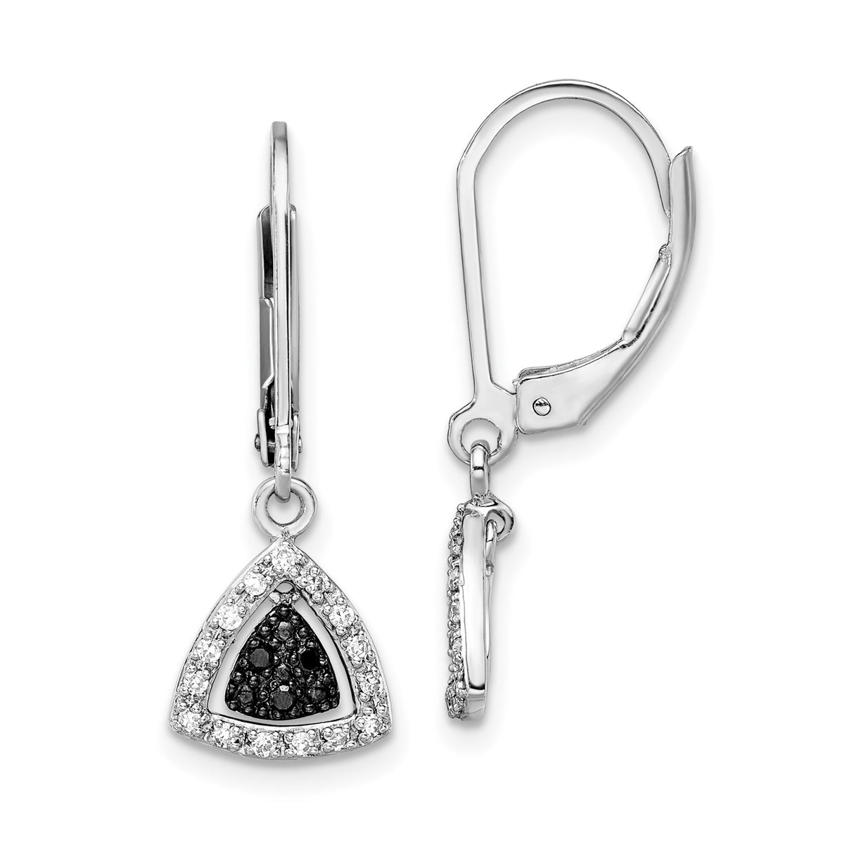 Sterling Silver Dangle Earrings with Black and White Diamond Pave Triangle Design
