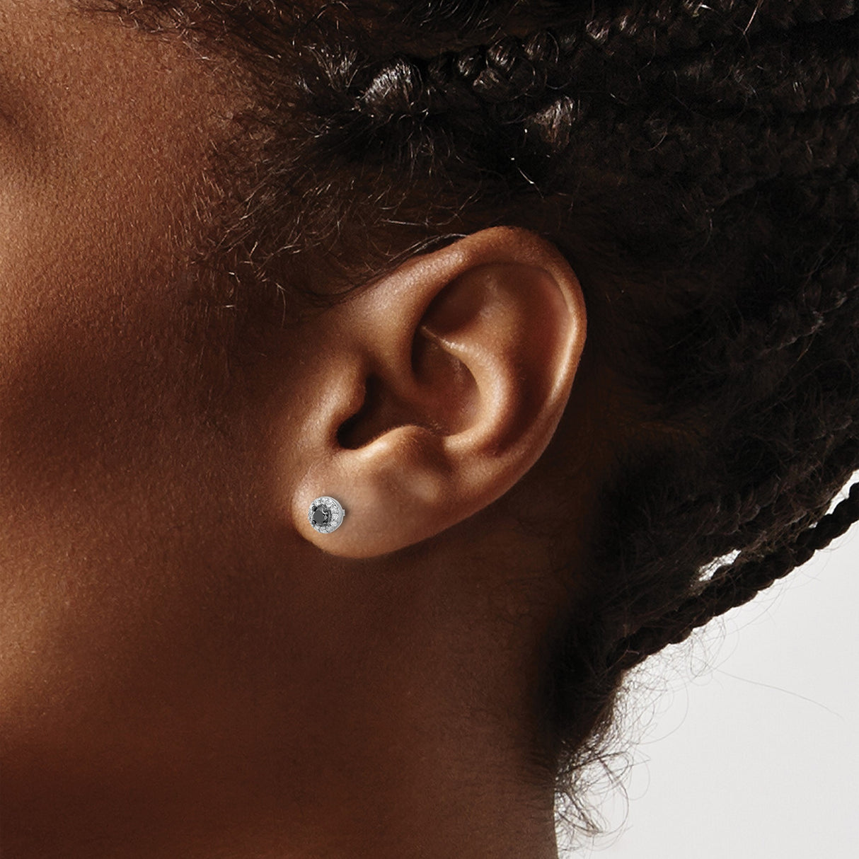 Sterling Silver Stud Earrings with Black Diamond Center and Halo Design