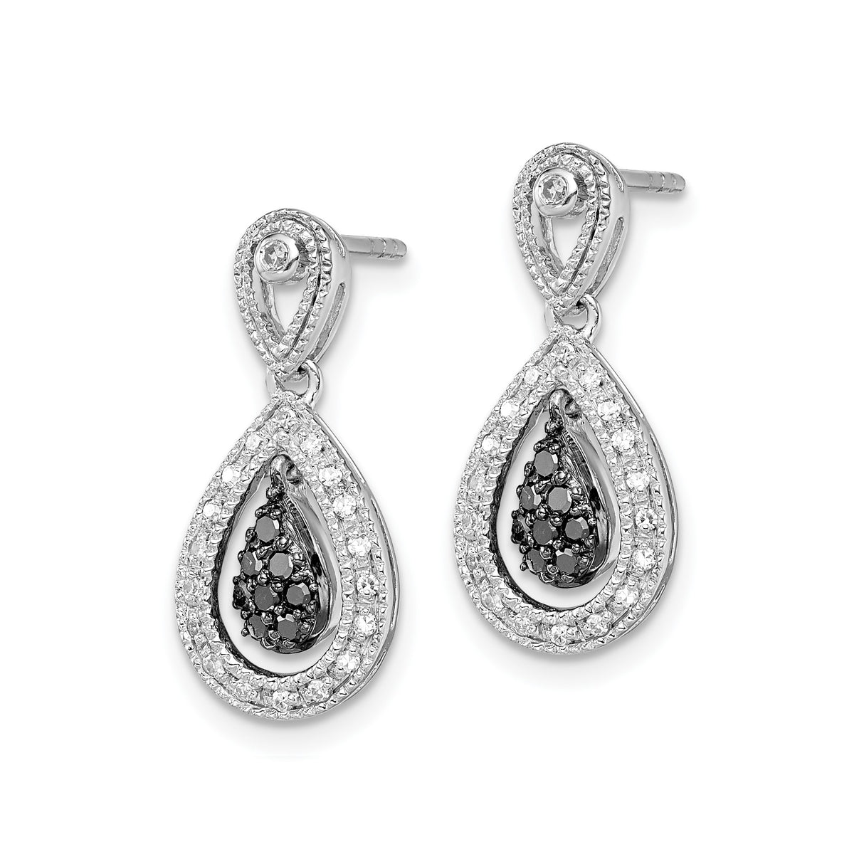 Sterling Silver Teardrop Dangle Earrings with Black and White Diamonds