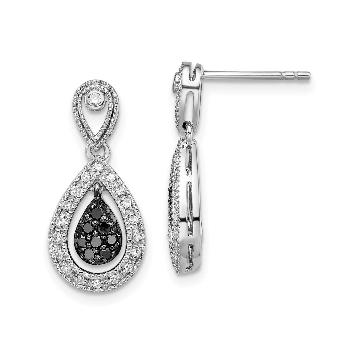 Sterling Silver Teardrop Dangle Earrings with Black and White Cubic Zirconia