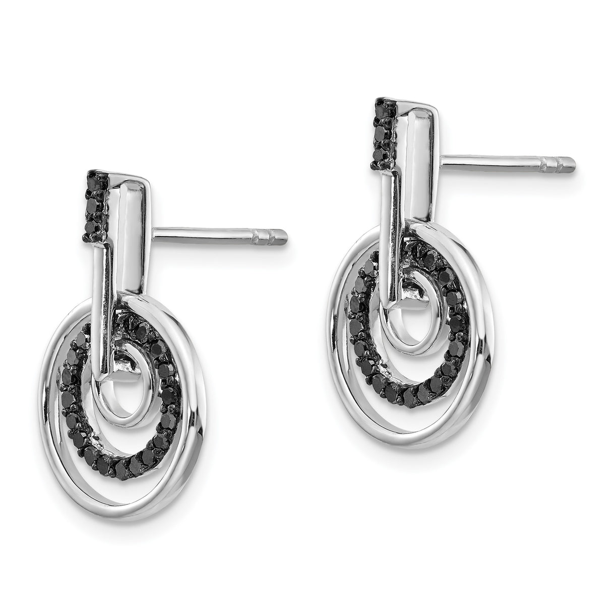 Sterling Silver Drop Earrings with Black Diamond, Textured Double Circle Design