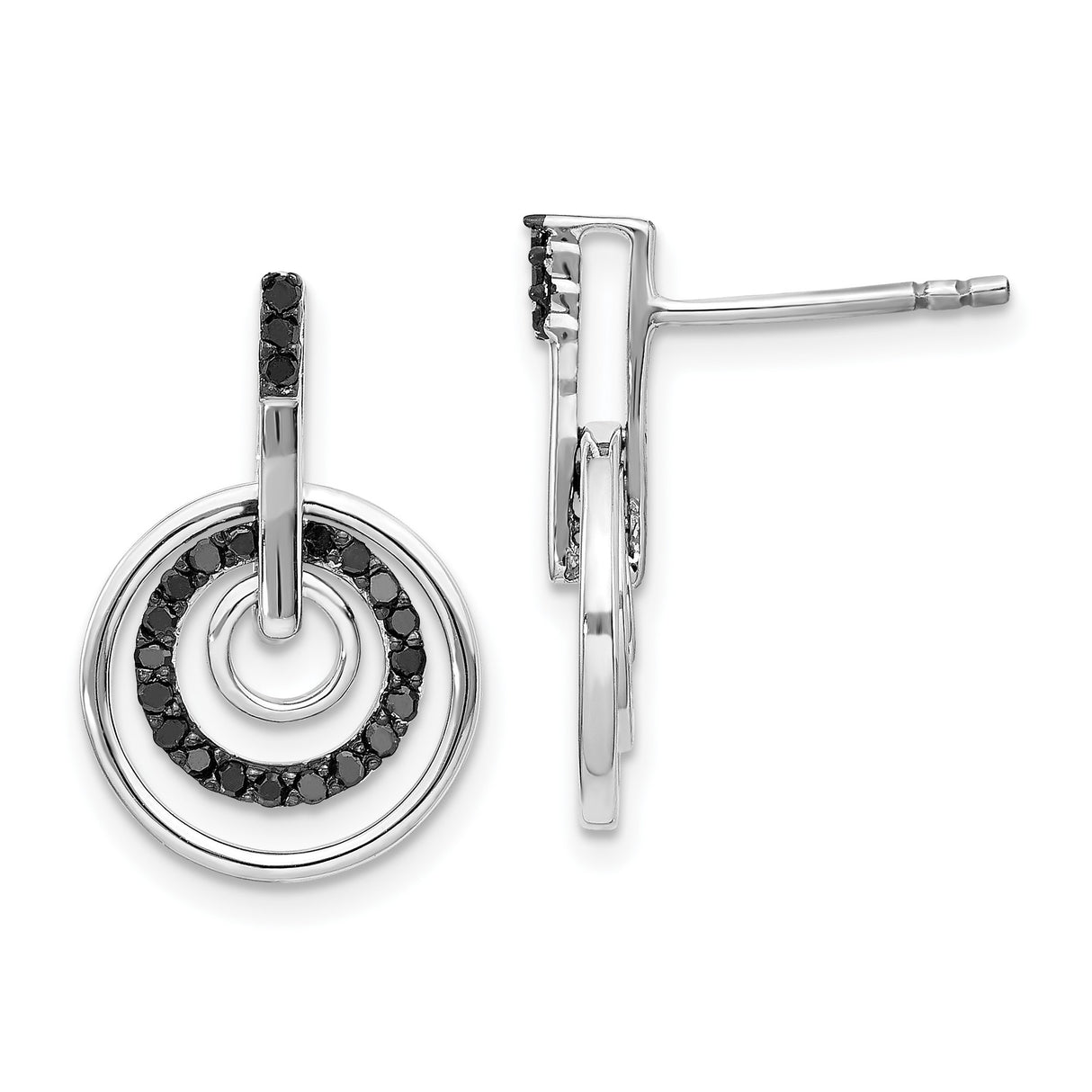 Sterling Silver Drop Earrings with Black Diamond, Textured Double Circle Design