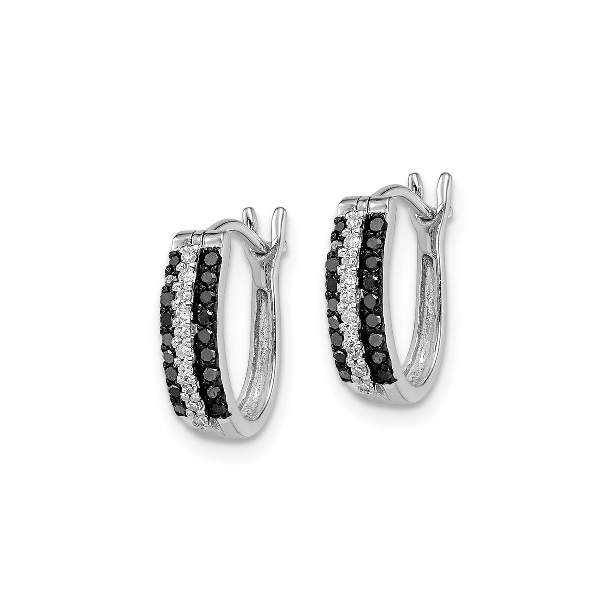 Sterling Silver Hoop Earrings with Diamond Accents, Clear and Black Stones, Modern Style