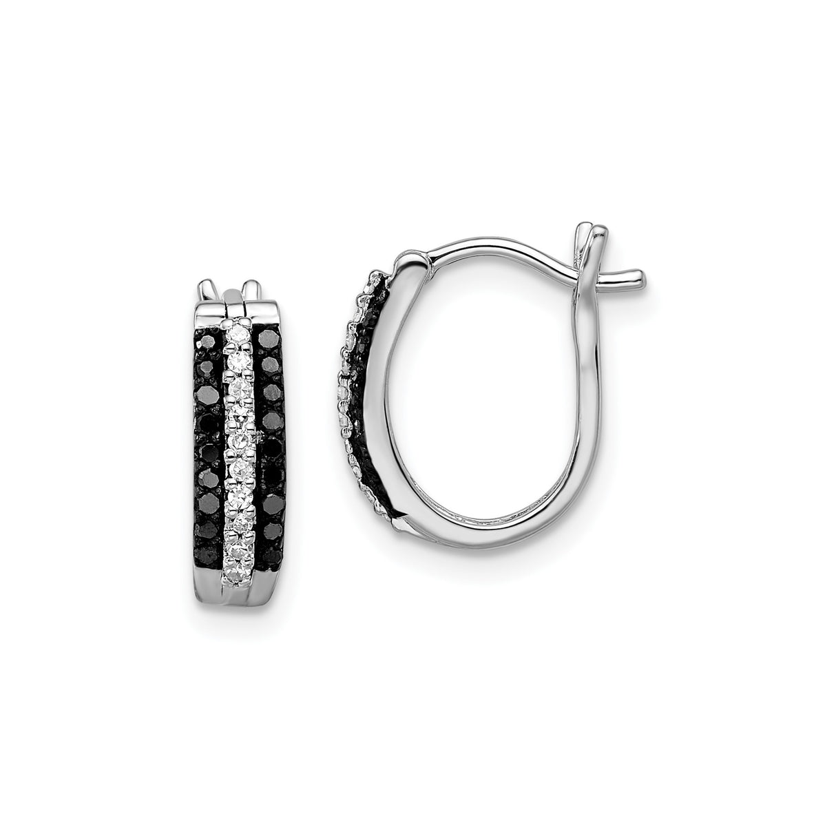 Sterling Silver Hoop Earrings with Diamond Accents, Clear and Black Stones, Modern Style