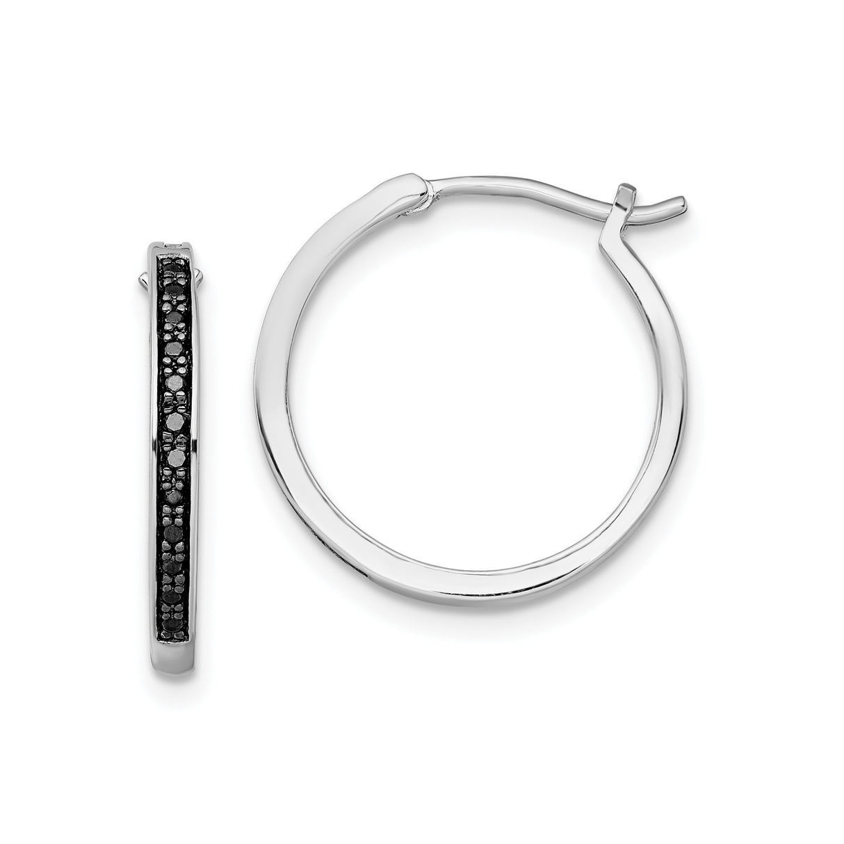 Sterling Silver Hoop Earrings with Black Diamond, Modern Minimalist Polished Design