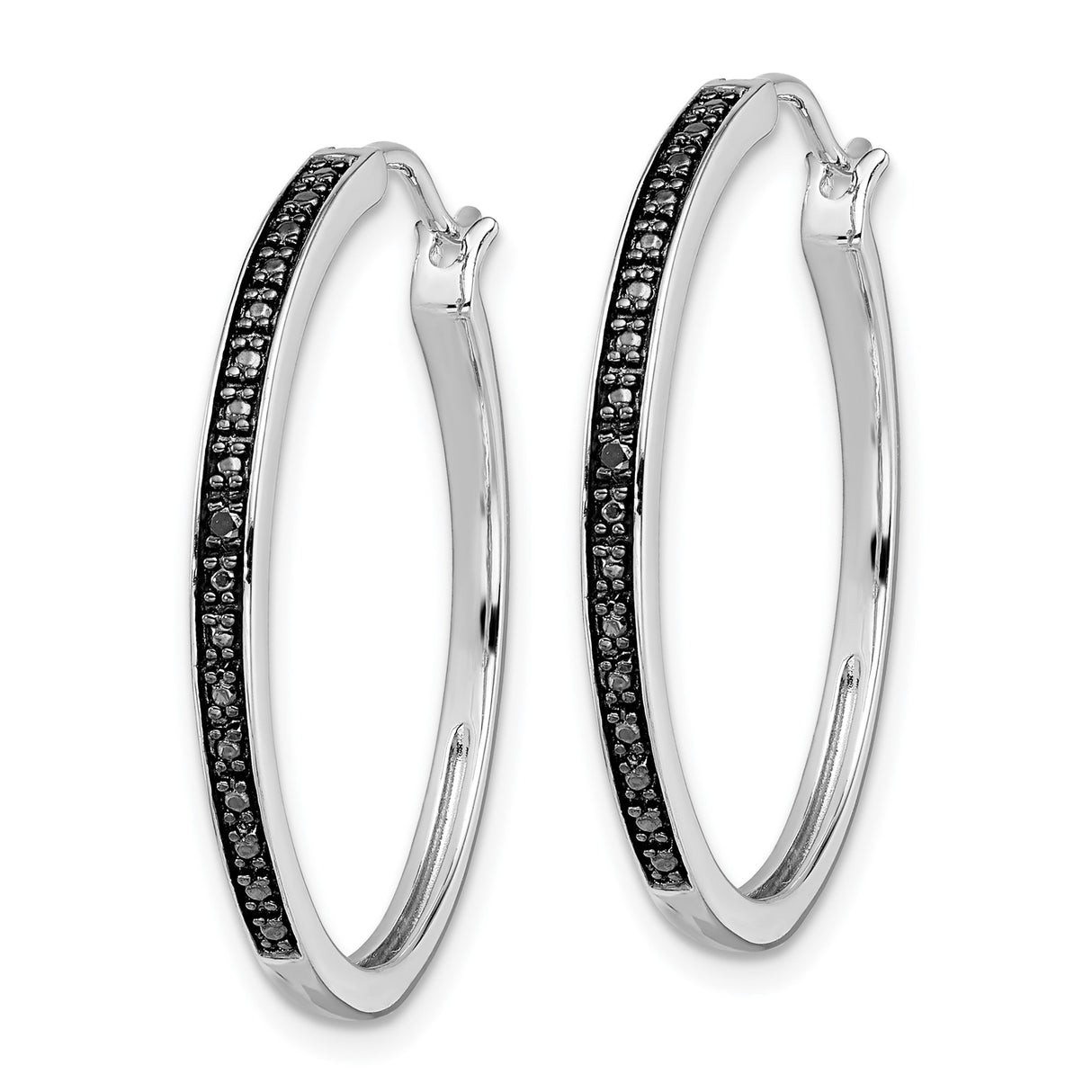 Sterling Silver Hoop Earrings with Black Diamond Accents, Sleek Modern Minimalist Style
