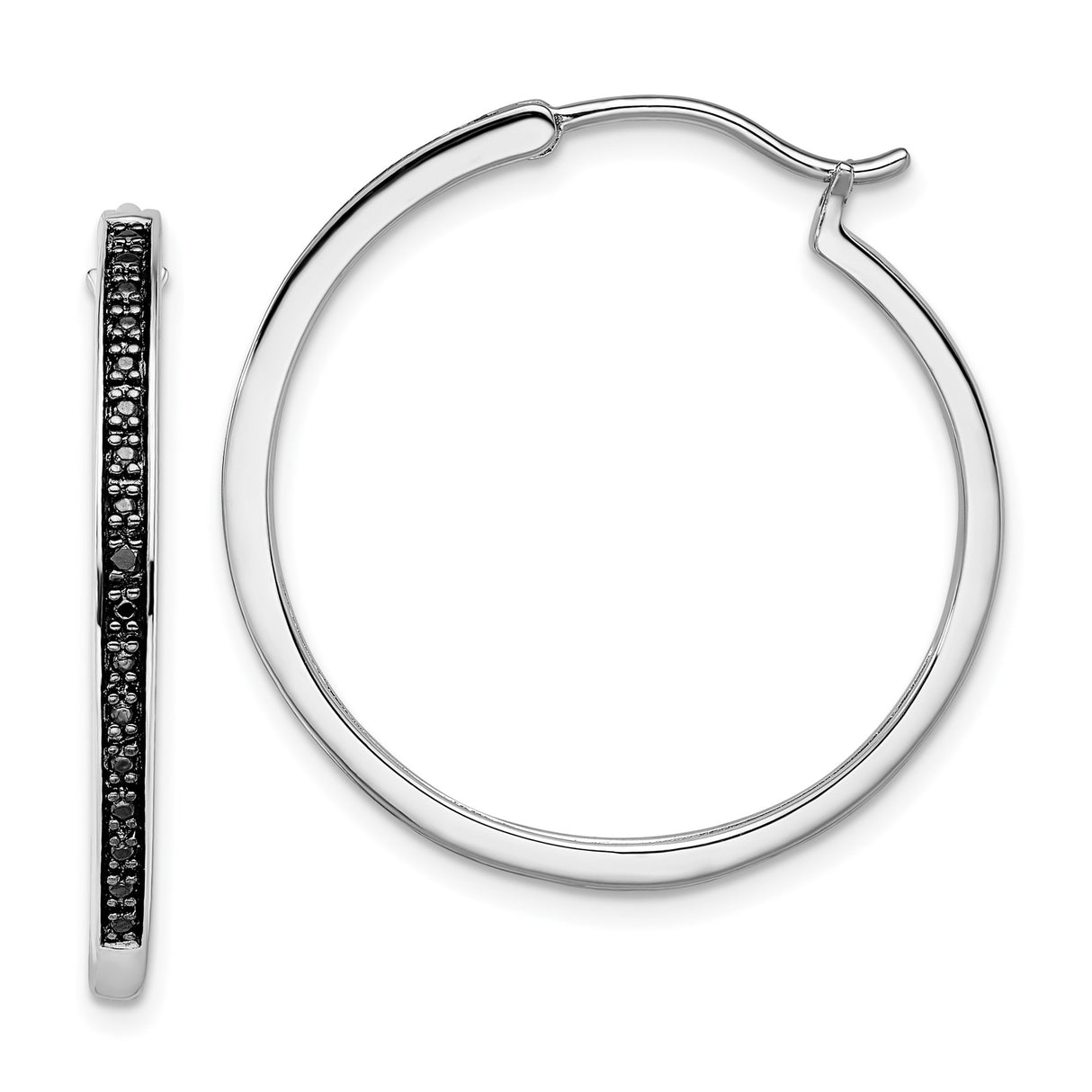 Sterling Silver Hoop Earrings with Black Diamond Accents, Sleek Modern Minimalist Style