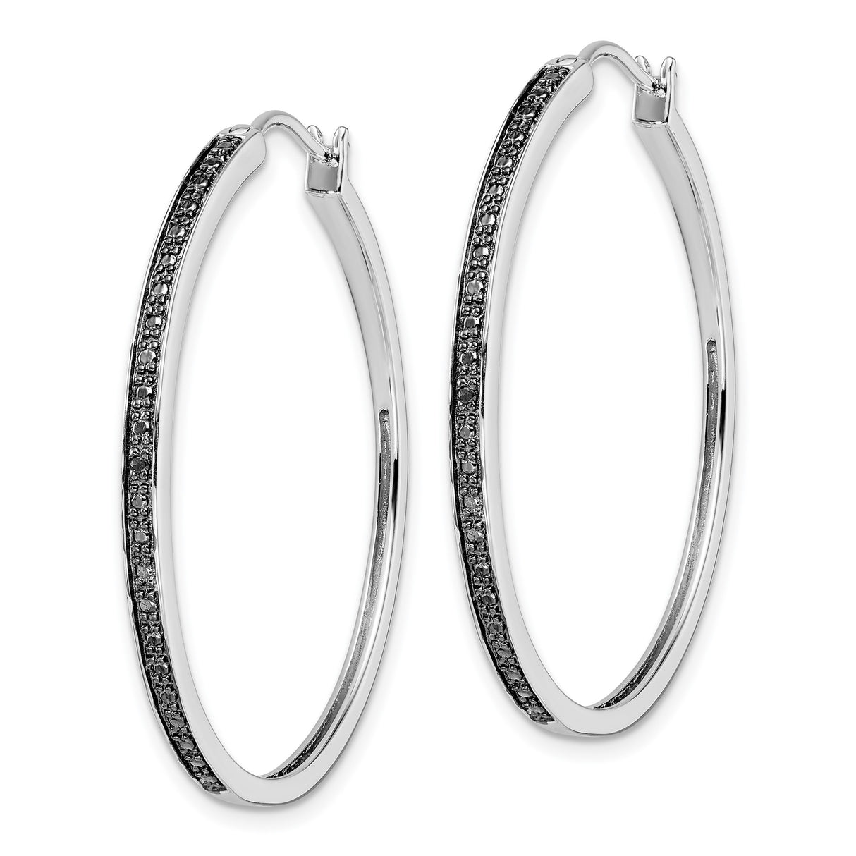 Sterling Silver Hoop Earrings with Black Diamond Accents, Sleek Modern Design for Women