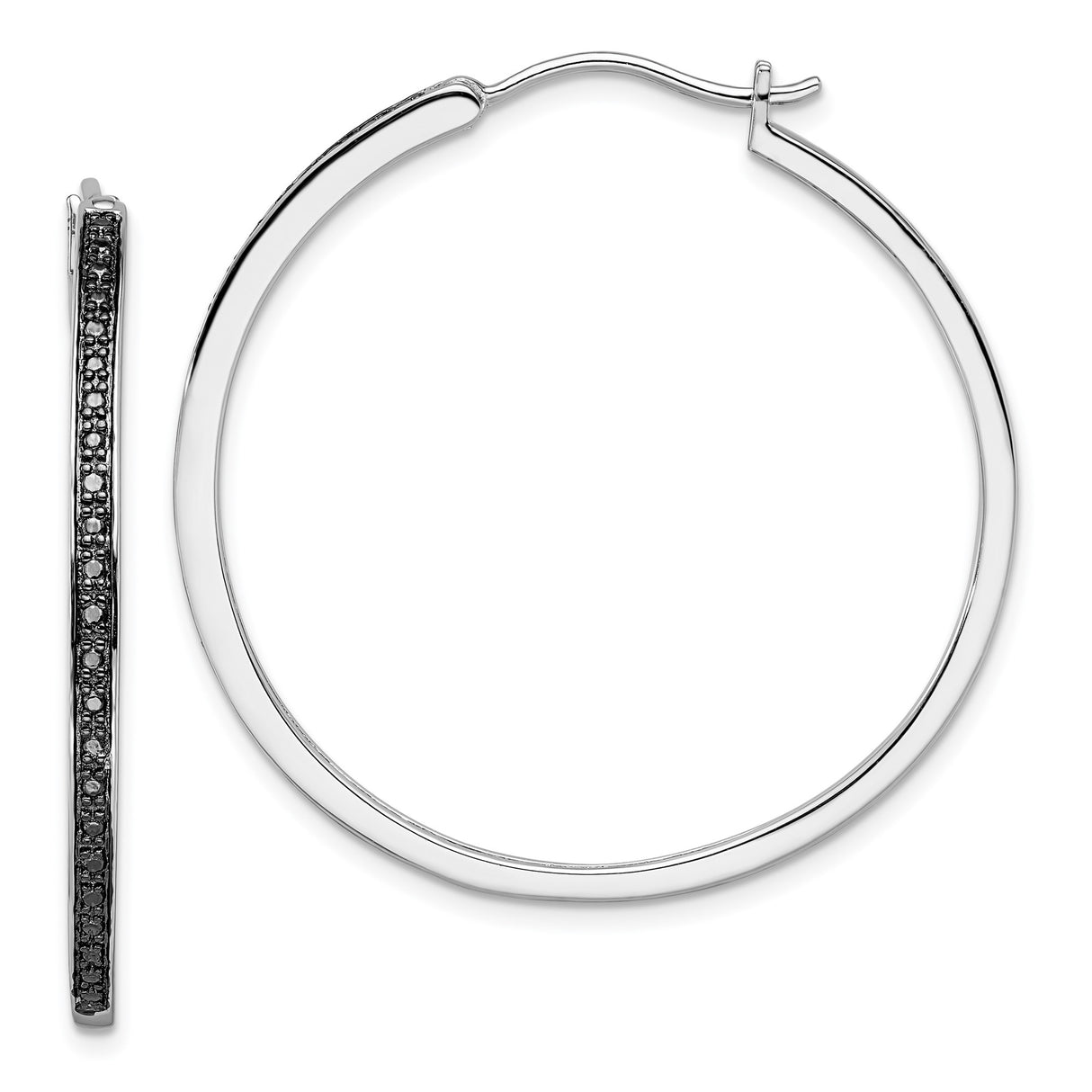 Sterling Silver Hoop Earrings with Black Diamond Accents, Sleek Modern Design for Women