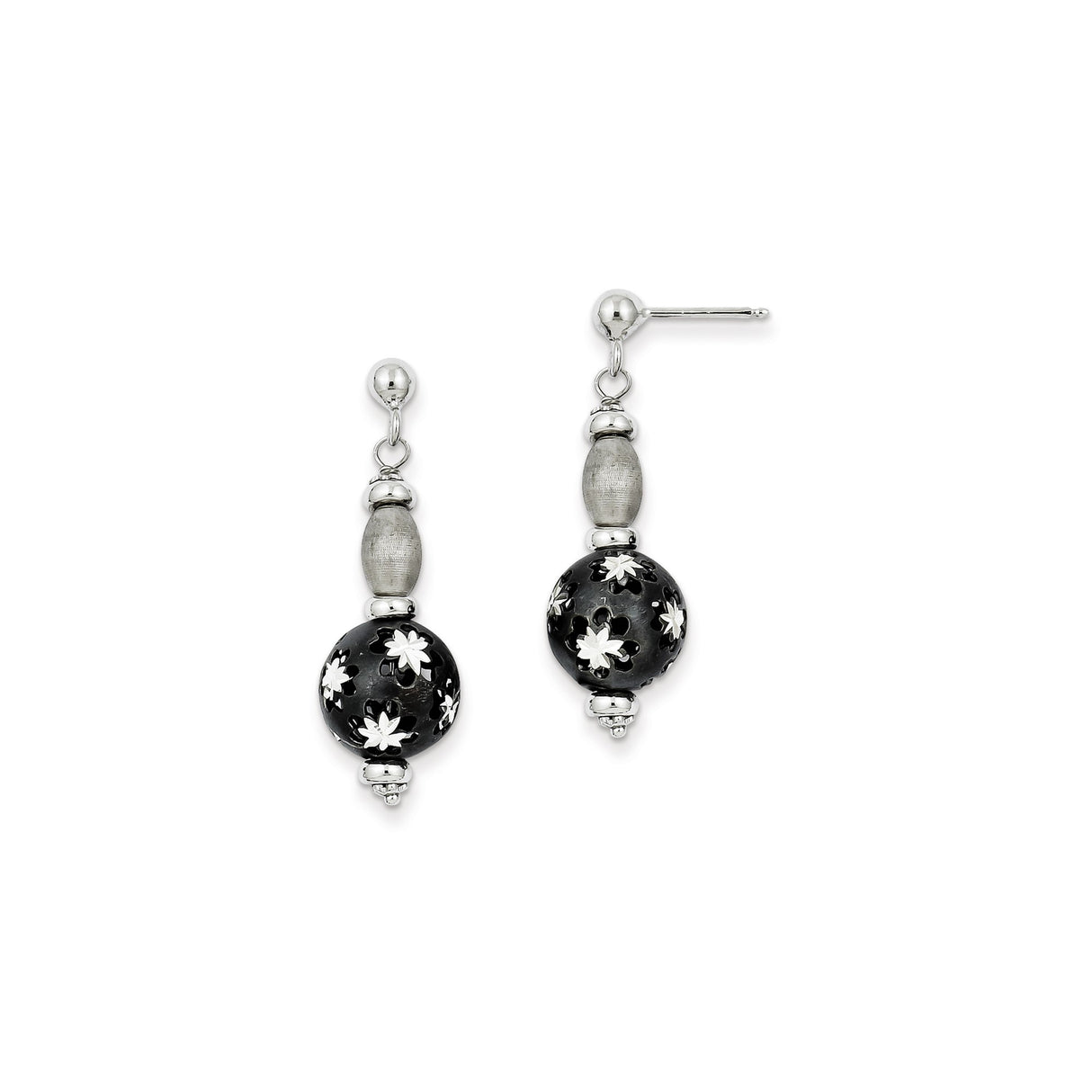 Sterling Silver Drop Earrings with Black Beads and Floral Cutout Design