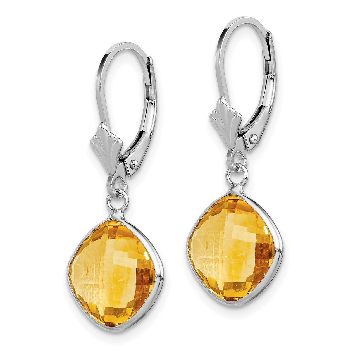Sterling Silver Dangle Earrings with Cushion Cut Citrine, Bezel Setting, Leverback Closure