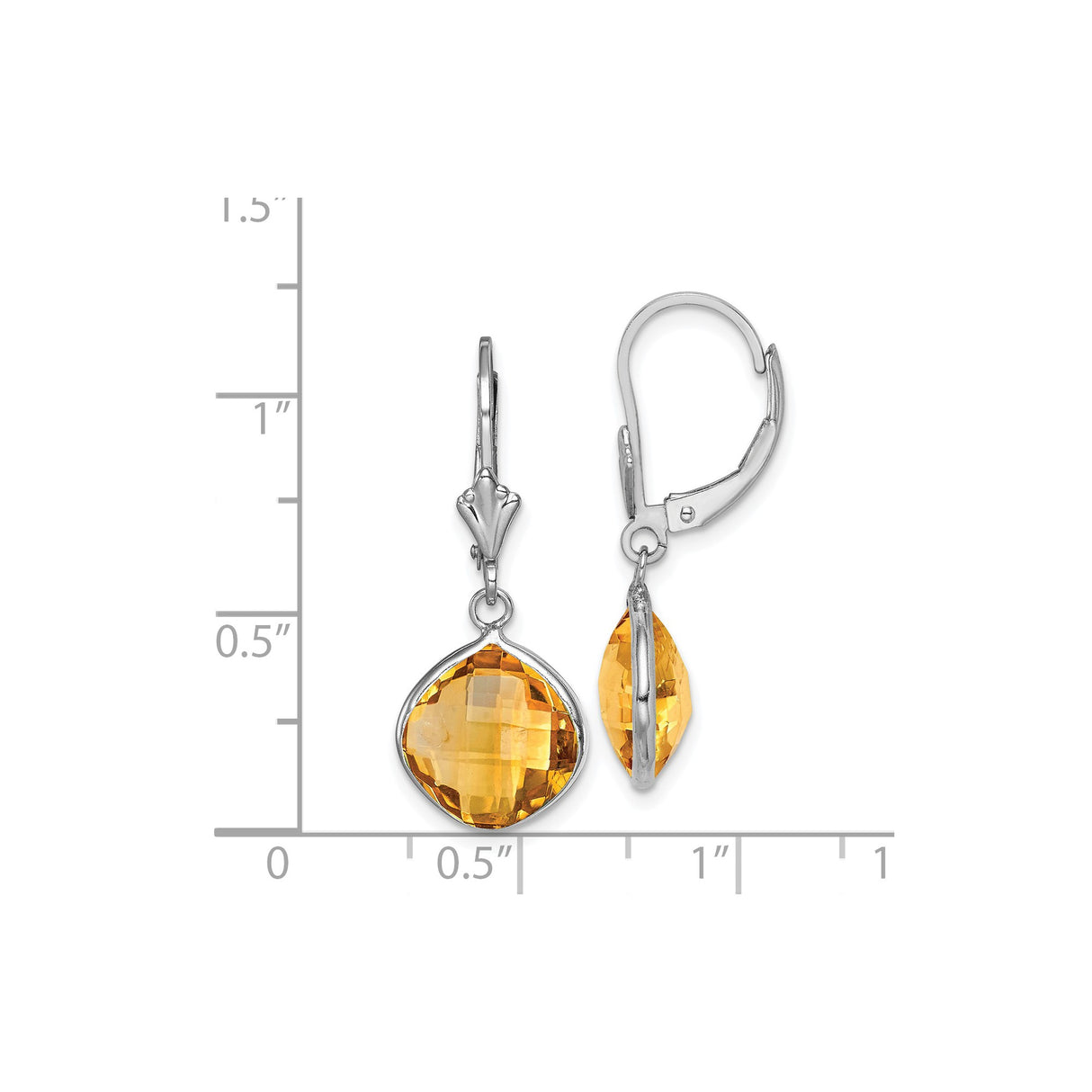 Sterling Silver Dangle Earrings with Cushion Cut Citrine, Bezel Setting, Leverback Closure