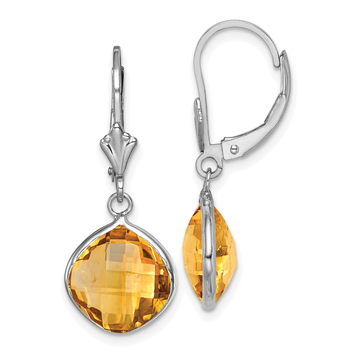 Sterling Silver Dangle Earrings with Cushion Cut Citrine, Bezel Setting, Leverback Closure