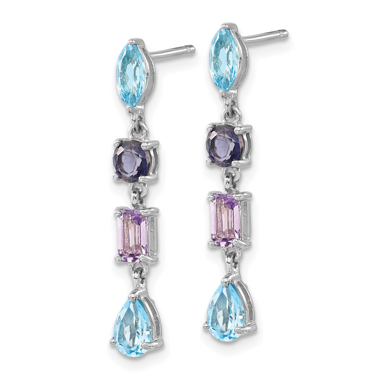 Sterling Silver Dangle Earrings with Amethyst and Swiss Blue Topaz, Multi-Stone Artisan Style