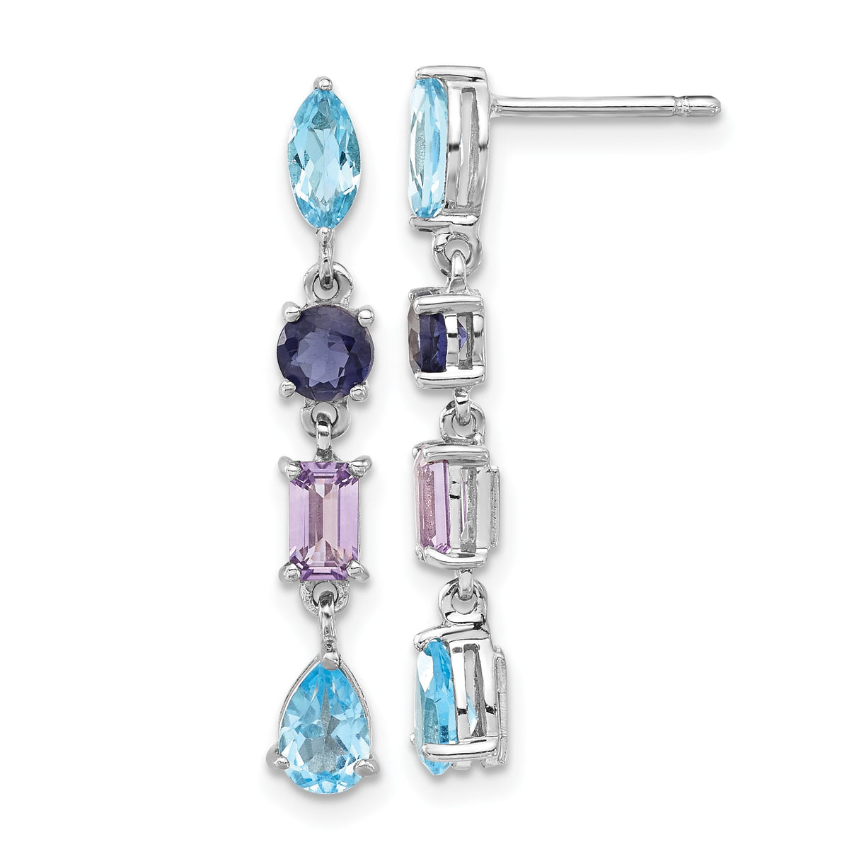 Sterling Silver Dangle Earrings with Amethyst and Swiss Blue Topaz, Multi-Stone Artisan Style