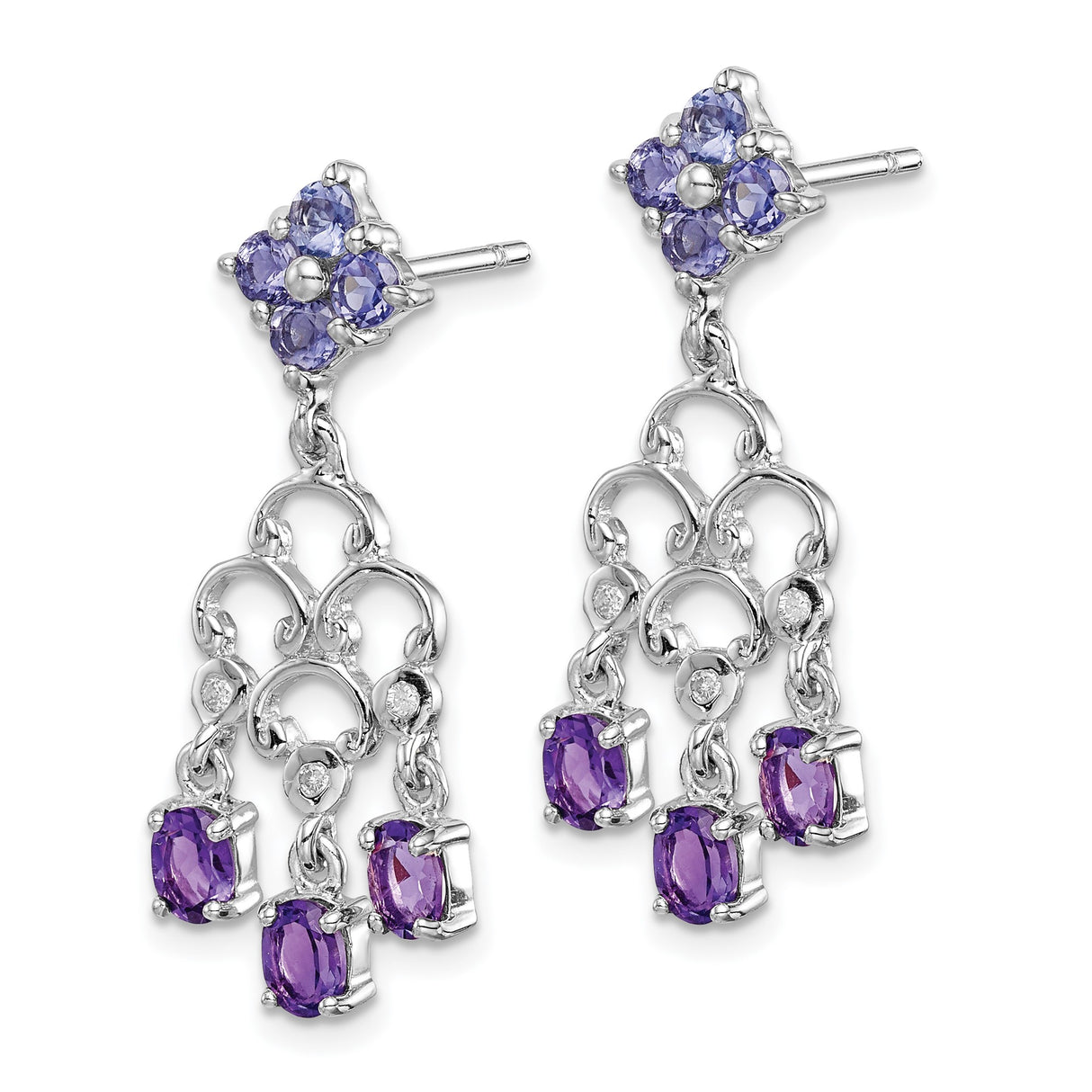 Sterling Silver Dangle Earrings with Amethyst and Iolite, Floral Chandelier Style for Women